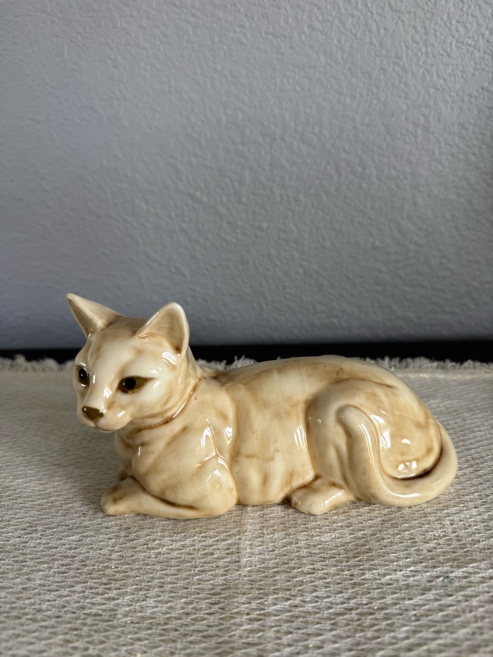 Vintage Norleans Japan Ceramic Lying Cat Figurine - Glazed Tan Reclining Kitty